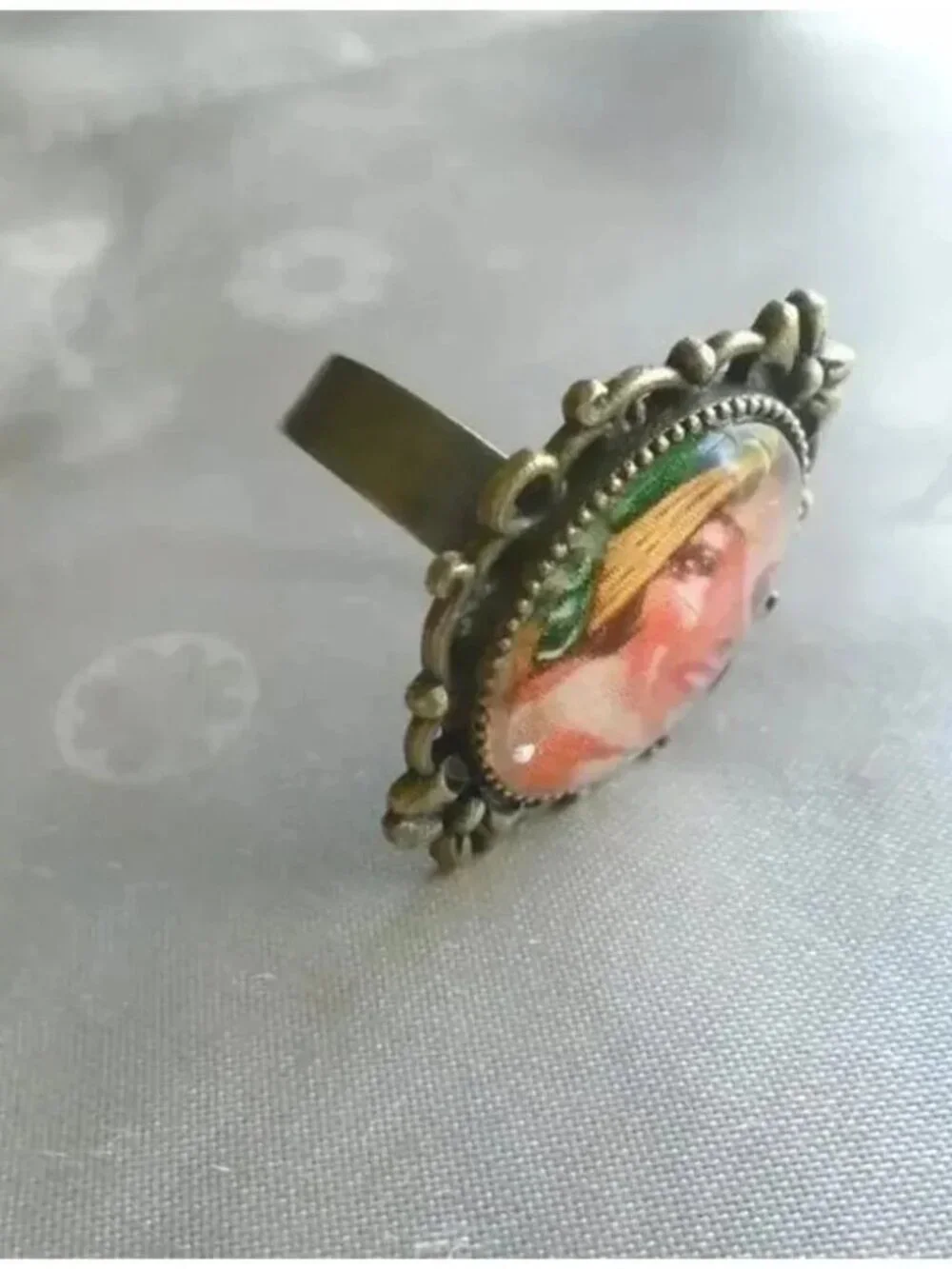 Flapper Ring Funky Artisan Jewelry with Adjustable Band - Bohemian Portrait Art